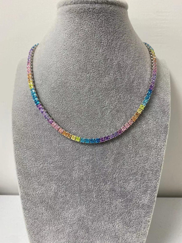 Rainbow Radiance Tennis Necklace - Multicolor Crystal Choker in Silver Setting