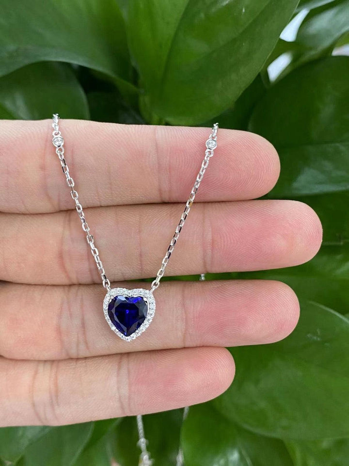 Royal Sapphire Heart Pendant Necklace - Silver Chain with Deep Blue Crystal & Clear Accent Stones