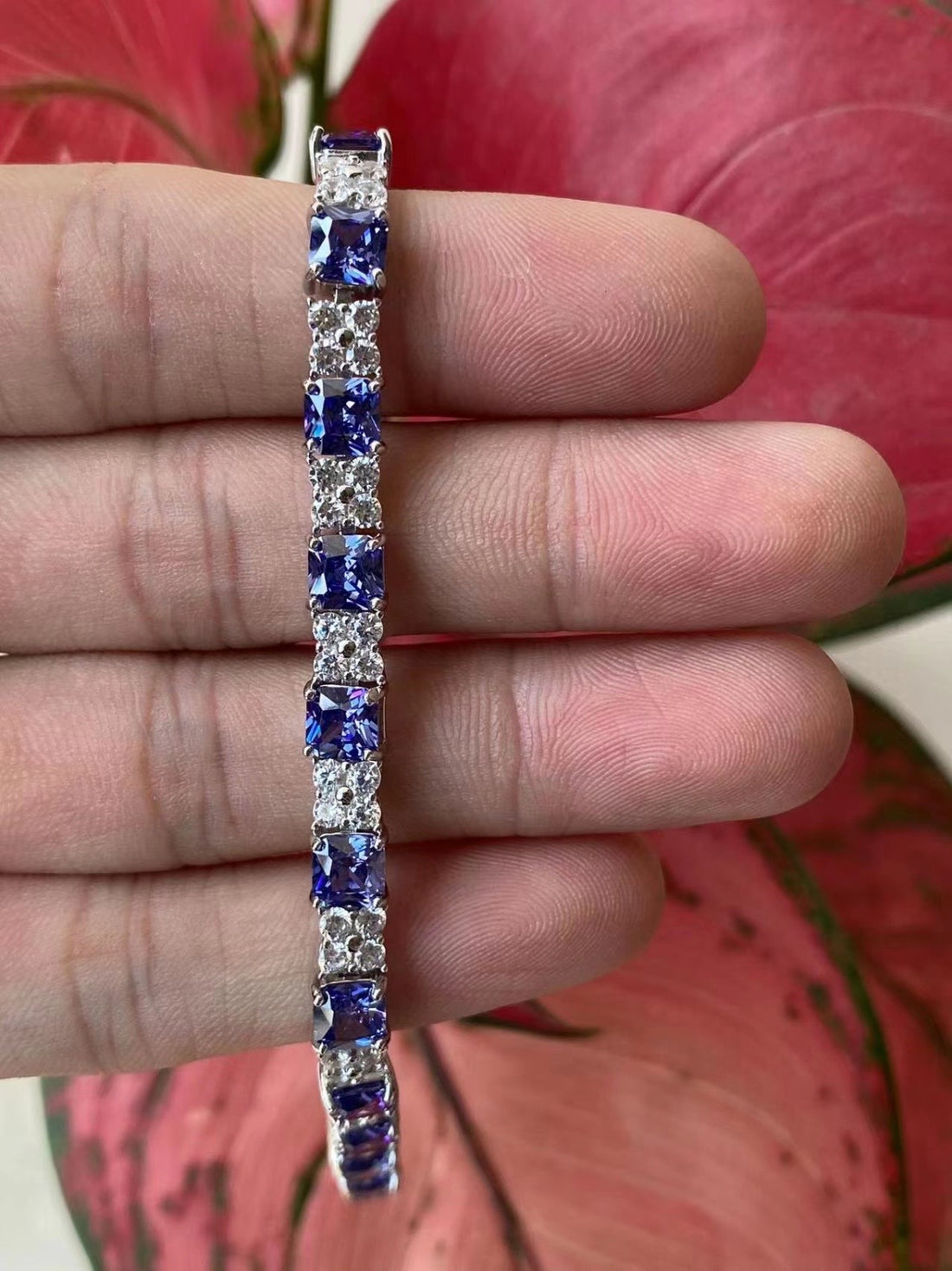 Sapphire Blue and White CZ Tennis Bracelet - Alternating Emerald Cut Style