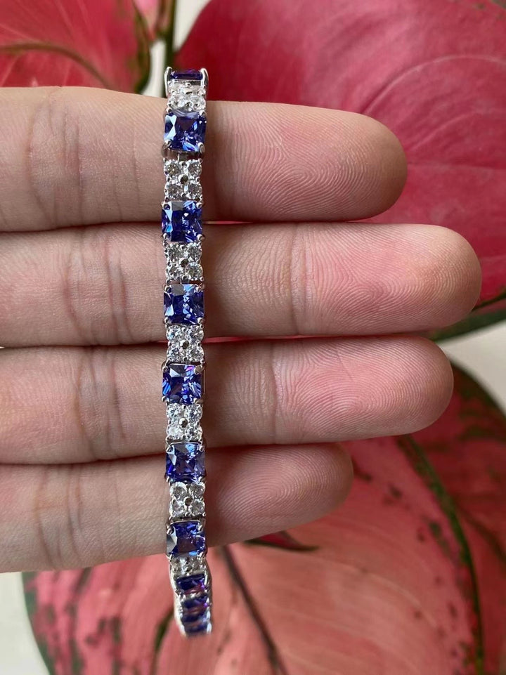 Sapphire Blue and White CZ Tennis Bracelet - Alternating Emerald Cut Style