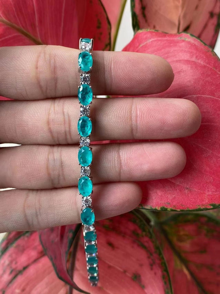 Teal Blue and White CZ Oval Tennis Bracelet - Alternating Design