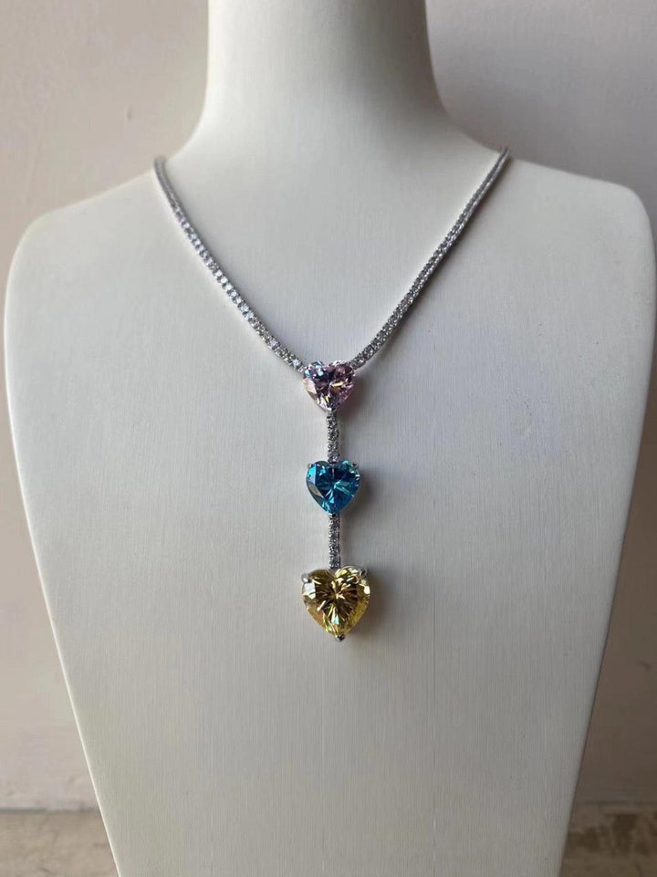 Triple Hearts Cascade Necklace - Silver Crystal Chain with Blue, Yellow & Clear Hearts