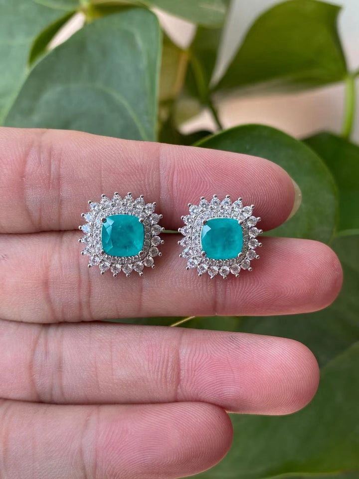 Turquoise and White Sunburst Stud Earrings - Cushion Cut Halo Design