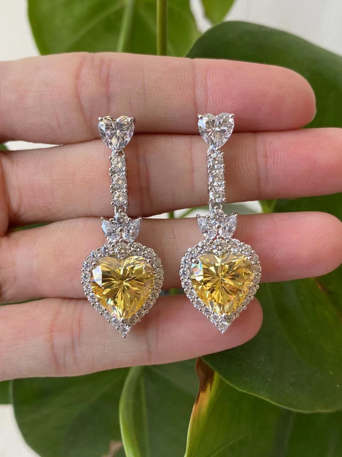 Golden Yellow and White Heart Drop Earrings - Luxury Chandelier Design