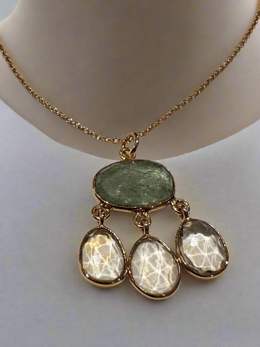 Sage Green and Crystal Drop Pendant Necklace in Gold Tone