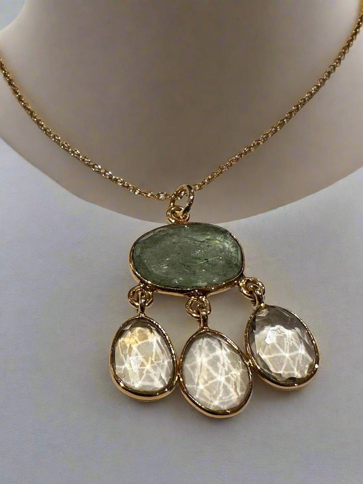 Sage Green and Crystal Drop Pendant Necklace in Gold Tone
