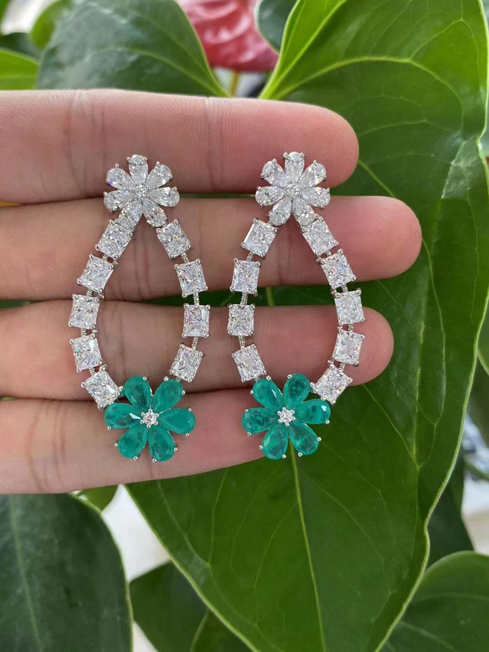 Crystal Flower Teardrop Earrings with Emerald Green Accent