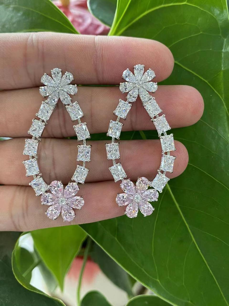 Crystal Flower Teardrop Earrings with Emerald Green Accent