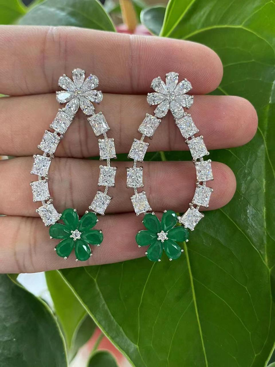 Crystal Flower Teardrop Earrings with Emerald Green Accent