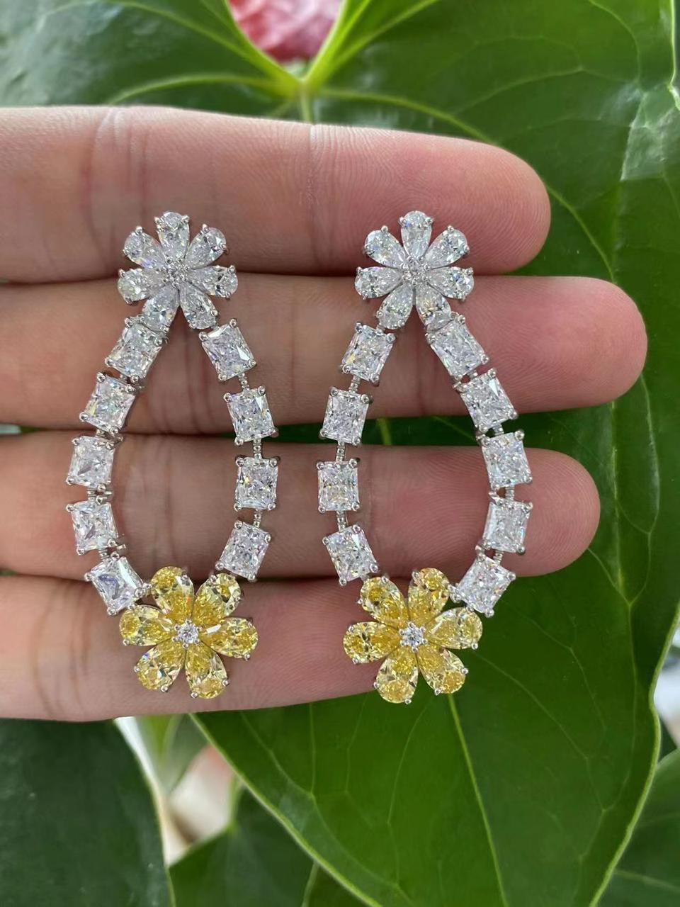 Crystal Flower Teardrop Earrings with Emerald Green Accent