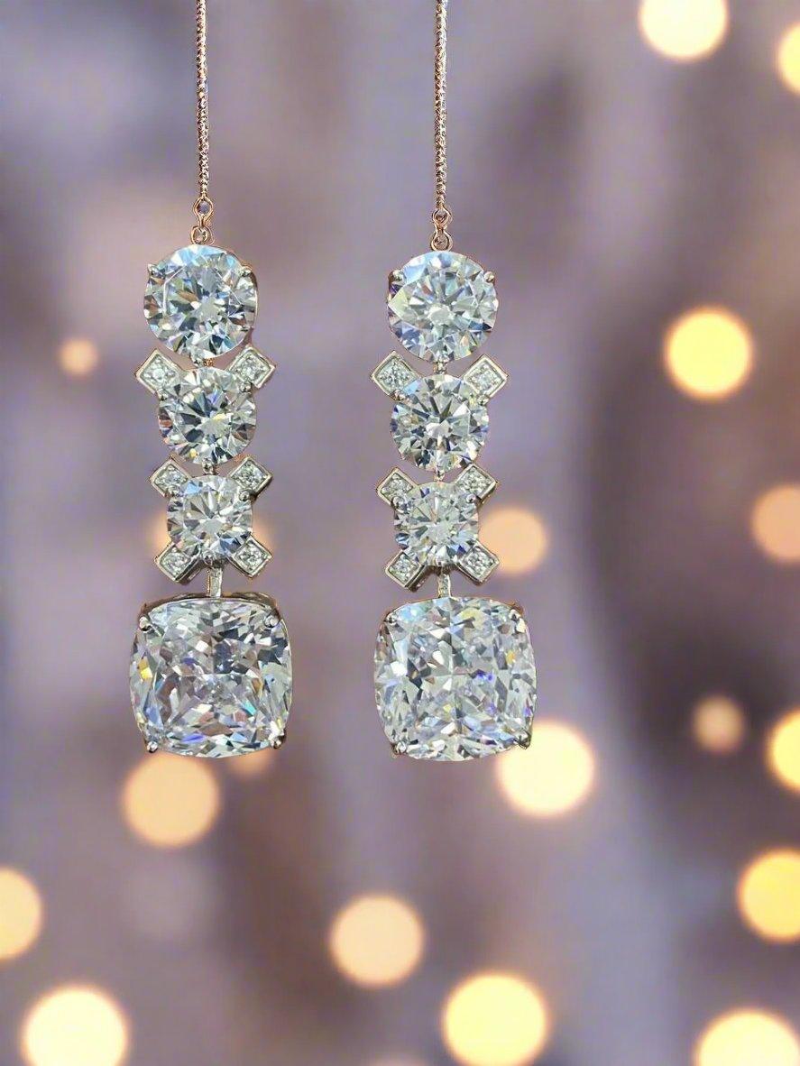 Luxury Linear Crystal Drop Earrings with Cushion Cut Base