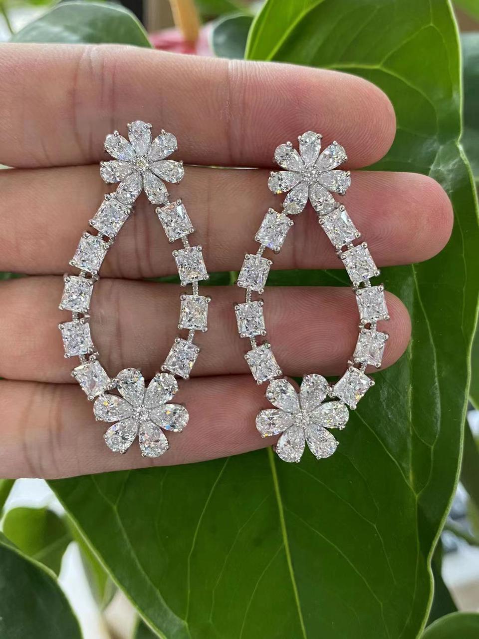 Crystal Flower Teardrop Earrings with Emerald Green Accent