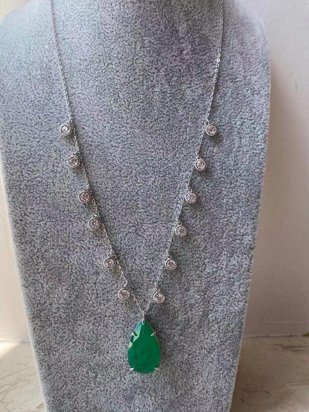 Crystal Station Necklace with Turquoise Teardrop Pendant - Silver Elegance