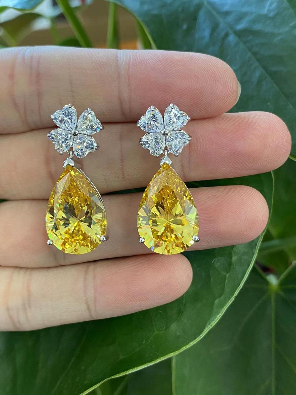Luxurious Floral Crystal Drop Earrings with Citrine-Yellow Teardrops