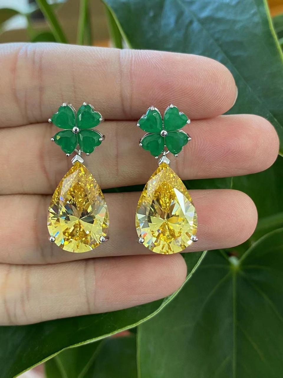 Luxurious Floral Crystal Drop Earrings with Citrine-Yellow Teardrops