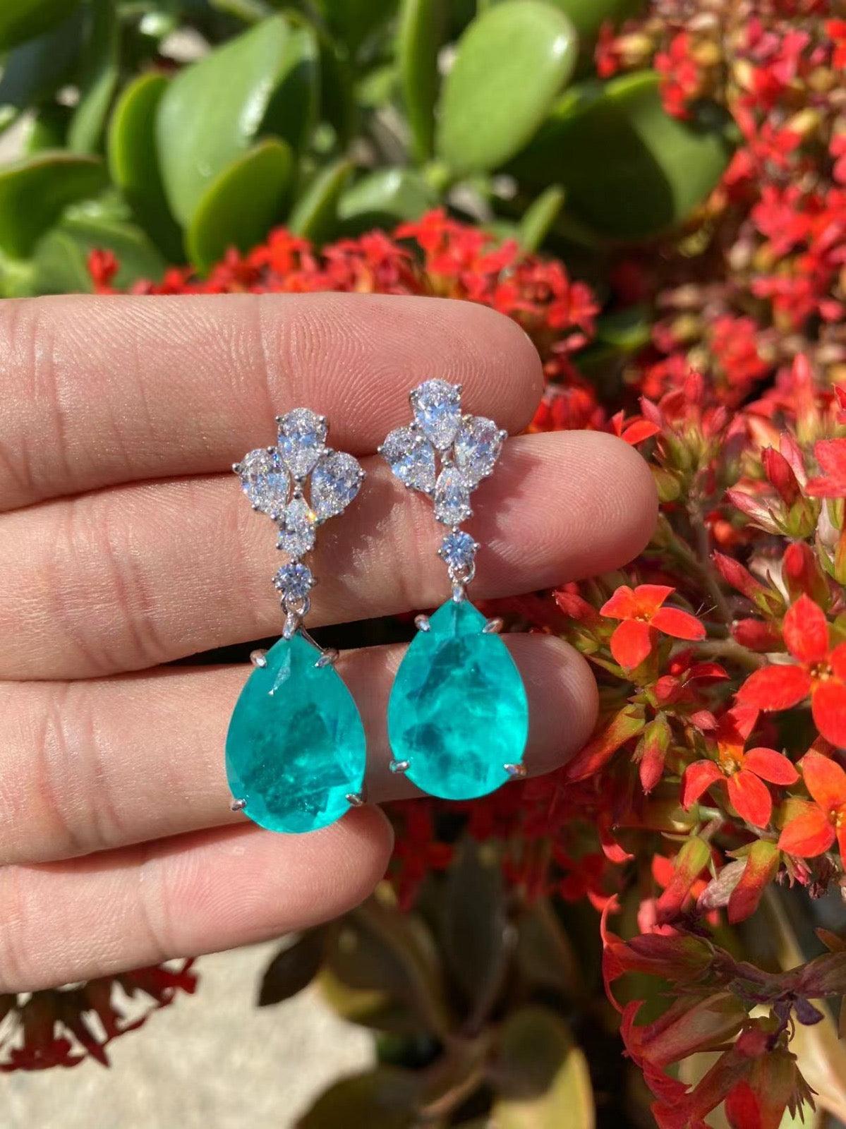 Luxury Crystal Flower Drop Earrings with Turquoise Teardrops